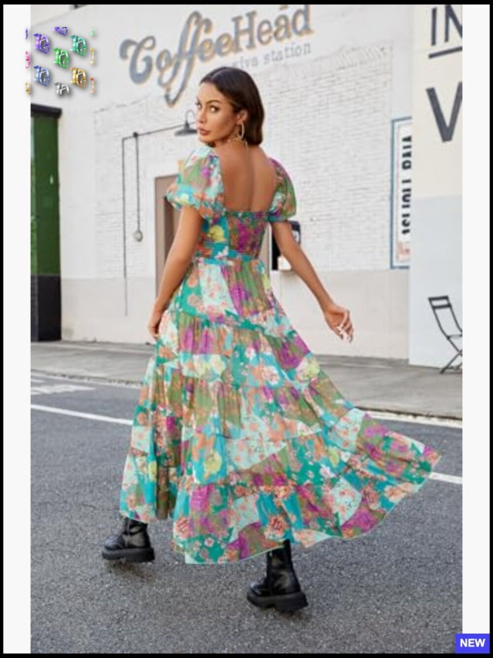 Floral Maxi Dress Smocked Bodice Puff Sleeves Bohemian Flowy Casual Summer - Picture 3 of 7